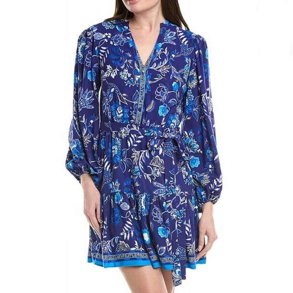 Adrianna Papell Tie Waist Floral Mini Blue Multi Short Dress‎ Womens Size 2 NWT
